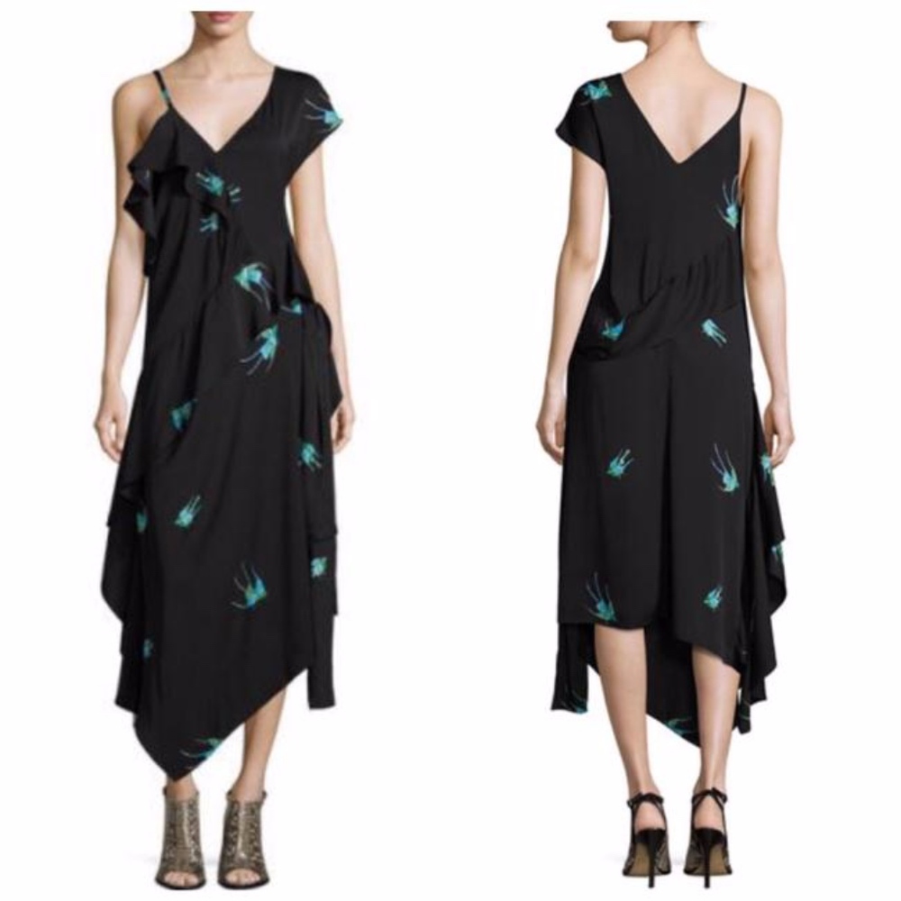 DVF Black Bird Print Asymmetrical Silk Dress 8